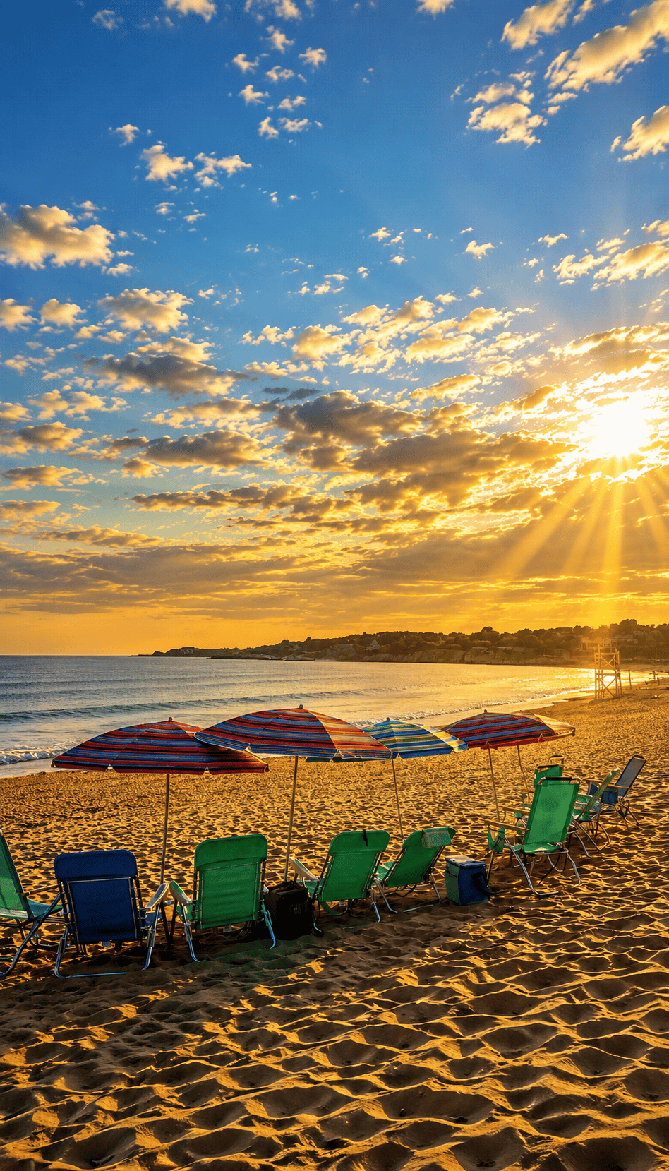 Beach chairs and umbrellas on a Rhode Island beach at golden hour